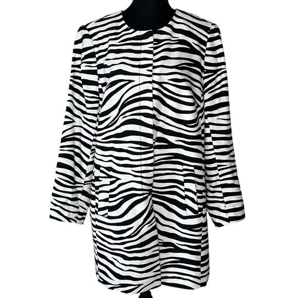 Talbots Women Plus Zebra Print Cotton Blend Collarless Longline Blazer Size 14W - Picture 2 of 13